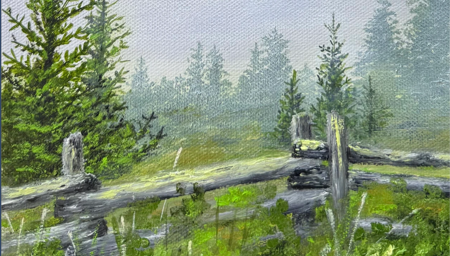Painting of a misty evergreen forest crossed by moss-covered fallen logs